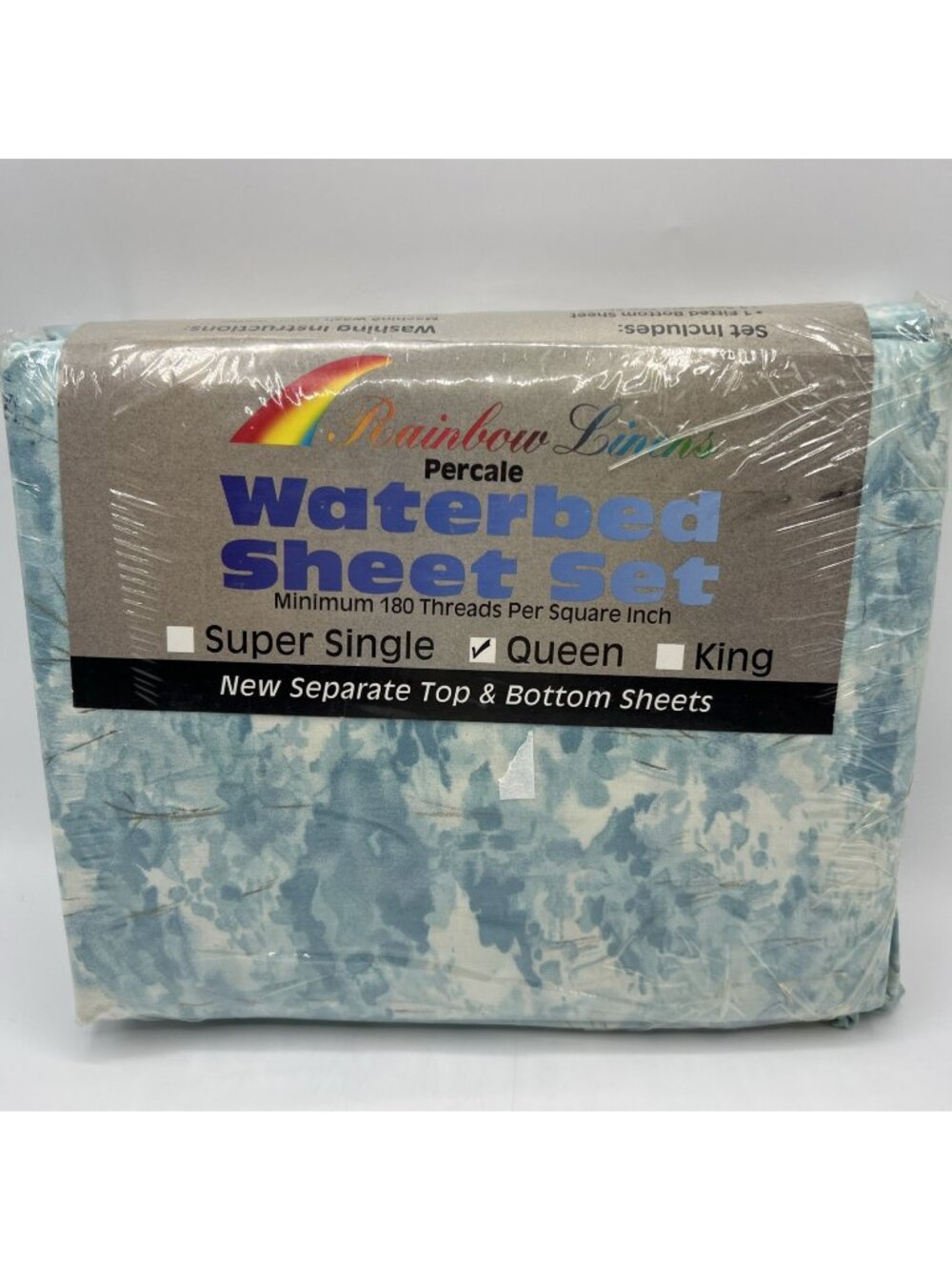 Rainbow Linens Waterbed Sheet Set 4pc Queen Blue Trees Cotton Polyester Vintage
